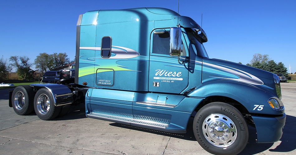 Freightliner Columbia semi truck lettering & graphics for Wiese Trucking Lomira, Wisconsin.