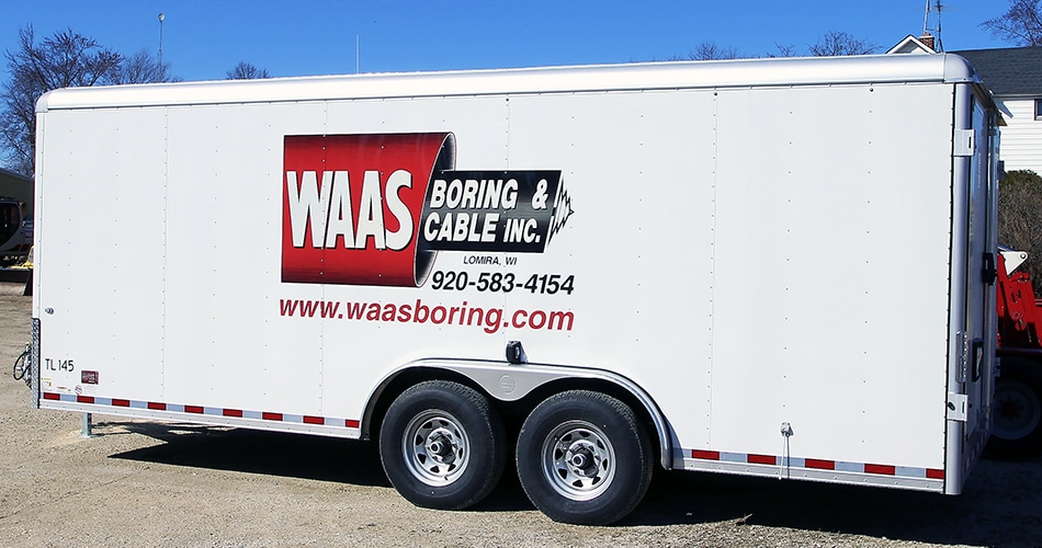 Cargo trailer reflective trailer lettering & graphics for Waas Boring Lomira, Wisconsin.