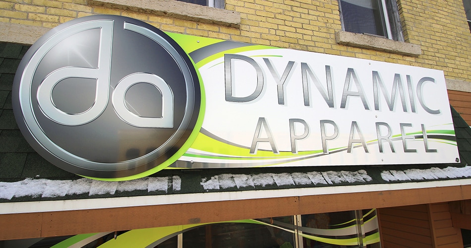 Building sign for Dynamic Apparel in Waupun, Wisconsin.