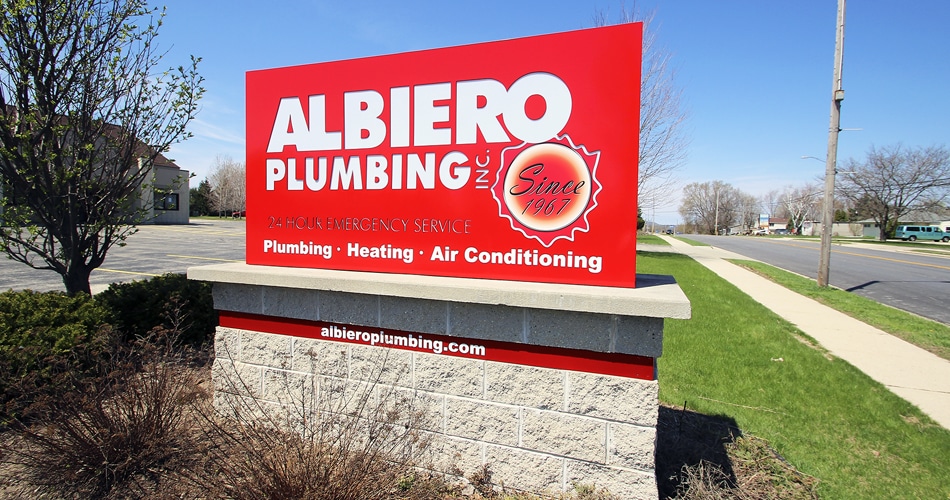 Ground mount electric monument sign for Albiero Plumbing Inc. in West Bend, Wisconsin.