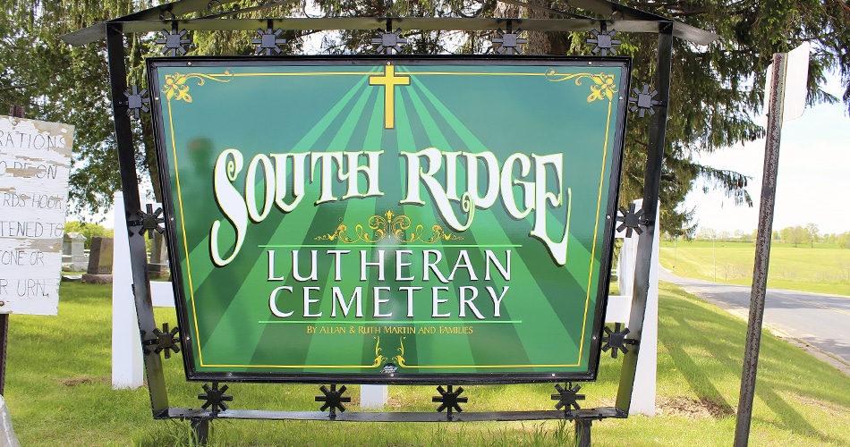 Ground mount cemetery sign for South Ridge Lutheran in Kendall, Wisconsin.