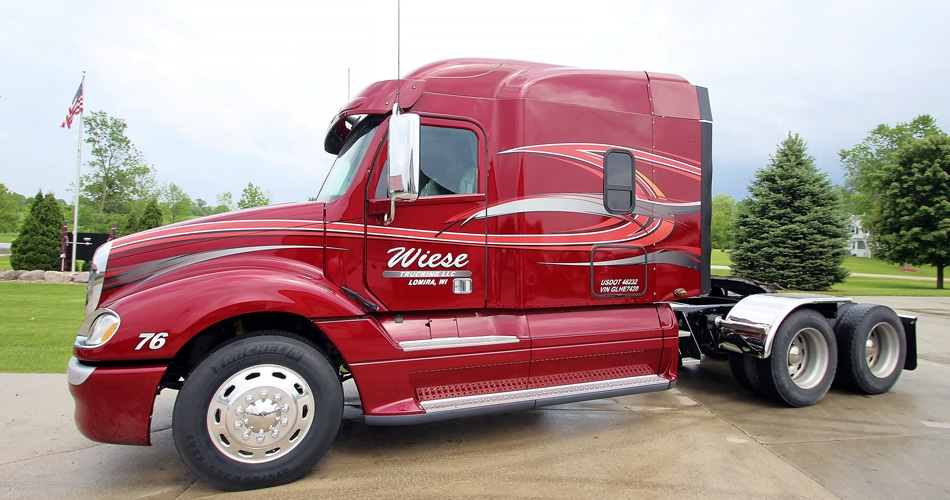 Freightliner Columbia truck lettering & graphics for Wiese Trucking Lomira, Wisconsin.
