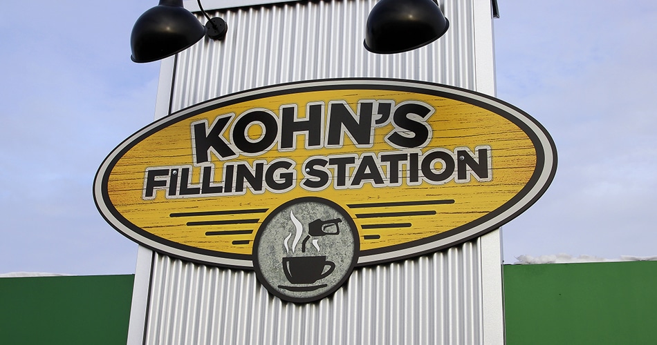 Building mount sign for Kohn's Filling Station Kewaskum, Wisconsin.