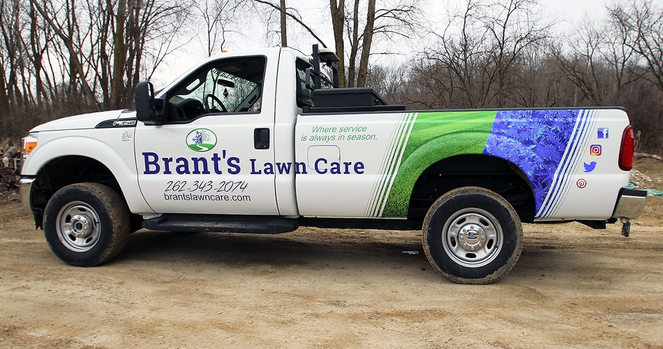 Ford F350 truck lettering & graphics for Brant's Lawn Care West Bend, Wisconsin.