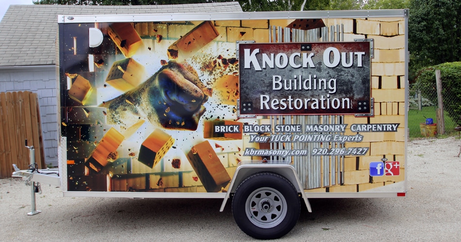 Cargo trailer wrap for Knock Out Building Restoration Fond du Lac, Wisconsin.