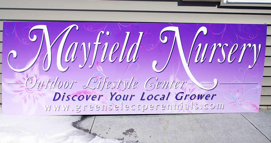 Commercial business sign for Mayfield Nursery West Bend, Wisconsin.