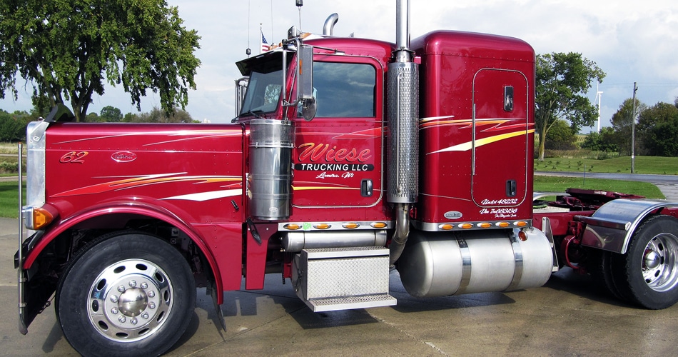 Peterbilt 379 semi truck lettering & graphics for Wiese Trucking Lomira, Wisconsin.