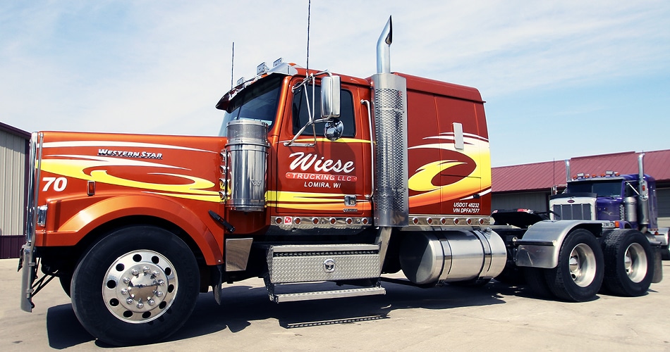 Western Star semi truck vinyl graphics & lettering for Wiese Trucking Lomira, Wisconsin.