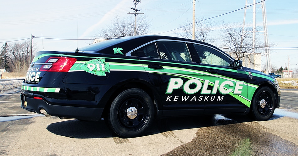 Vinyl graphics for cars in Kewauskum, WI. Police car reflective graphics for Kewaskum Police.