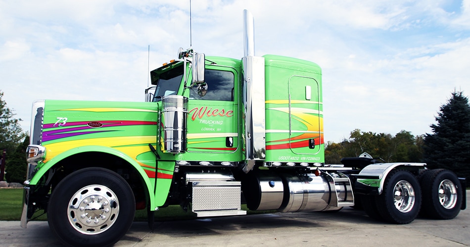 Peterbilt 389 semi truck lettering & graphics for Wiese Trucking Lomira, Wisconsin.
