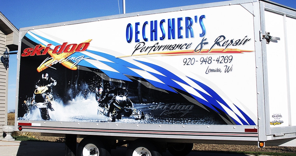 Snowmobile trailer wrap for Oechsner Performance Lomira, Wisconsin.