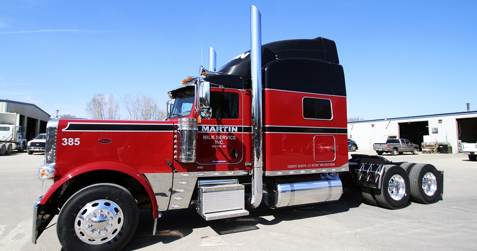 Peterbilt 389 semi truck lettering & graphics for Martin Milk Service Wilton, Wisconsin.