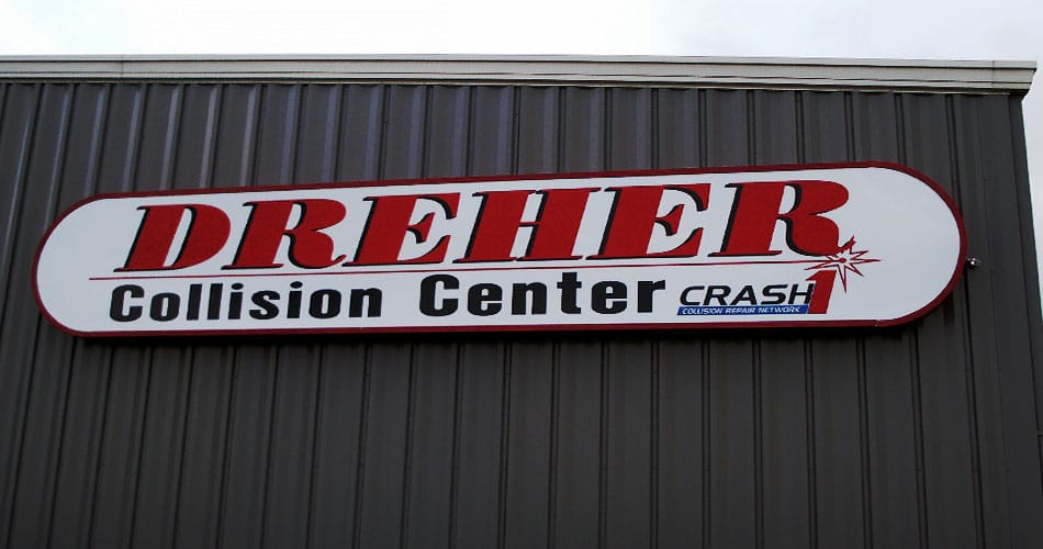 Exterior wall signs for Dreher Collision Center in Brownsville, WI.