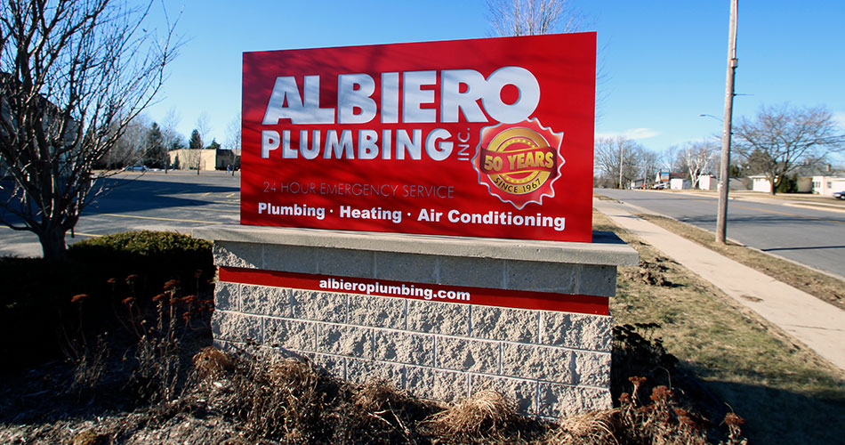 Outdoor signs for Albiero Plumbing in West Bend, WI.