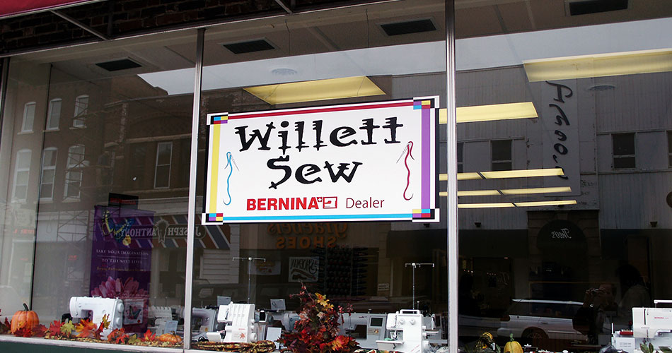 Outdoor retail store signs for Willett Sew in Oakfield, WI.