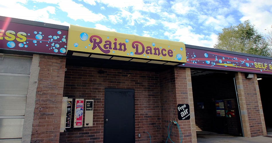 Rain Dance car wash awning signage Kewaskum, WI.