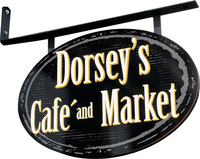 Dorsey's business sign with a hanging bracket outdoor in Cedarburg, WI.