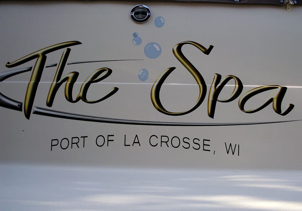 The Spa vinyl boat lettering.